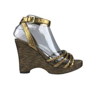 Enzo Angiolini Womens Gold Open Toe Adjustable Strap Wedge Slingback Sandal US 6